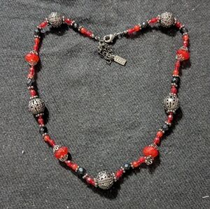 1928 Gunmetal Black And Red Beaded Statement Necklace